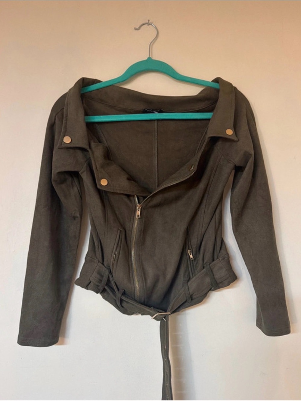 Fashion Nova Olive Green Suede Moto Jacket with Belt